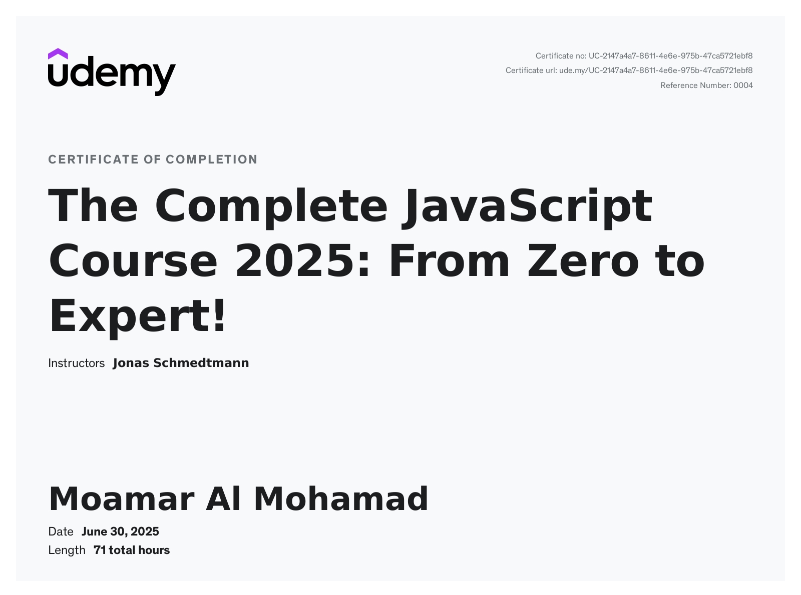 Muamar's certificate of Udemy